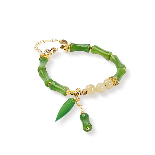 Natural Jade Beaded Bracelet for Women, Handmade Green Gemstone Adjustable Bracelet with Bamboo Leaf Charm, Minimalist Lucky Jade Jewelry, Handmade Wrist Bracelet Gift for Her, Includes Gift Box