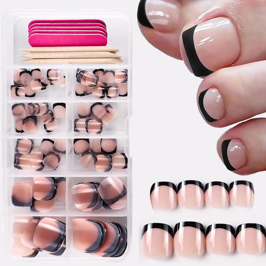 120Pcs Black French Tip Press on Toenails Black French Press ons Toe Nails Short Square Full Cover Glossy Acrylic Toenails Nude False Toes Nail Tips for Women Girls Foot Manicure