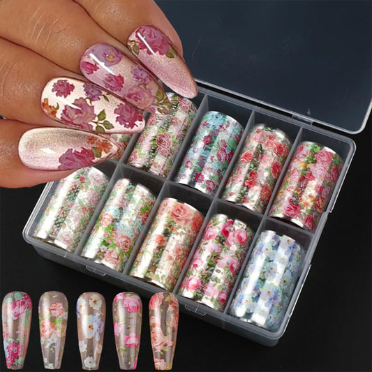 10 Rolls Rose Flower Nail Foils Transfer Nail Art Spring Floral Foil Nail Art Supplies Colorful Rose Nails Foil Transfer Stickers Starry Sky Paper Manicure Accessories for Women DIY Nail Decorations