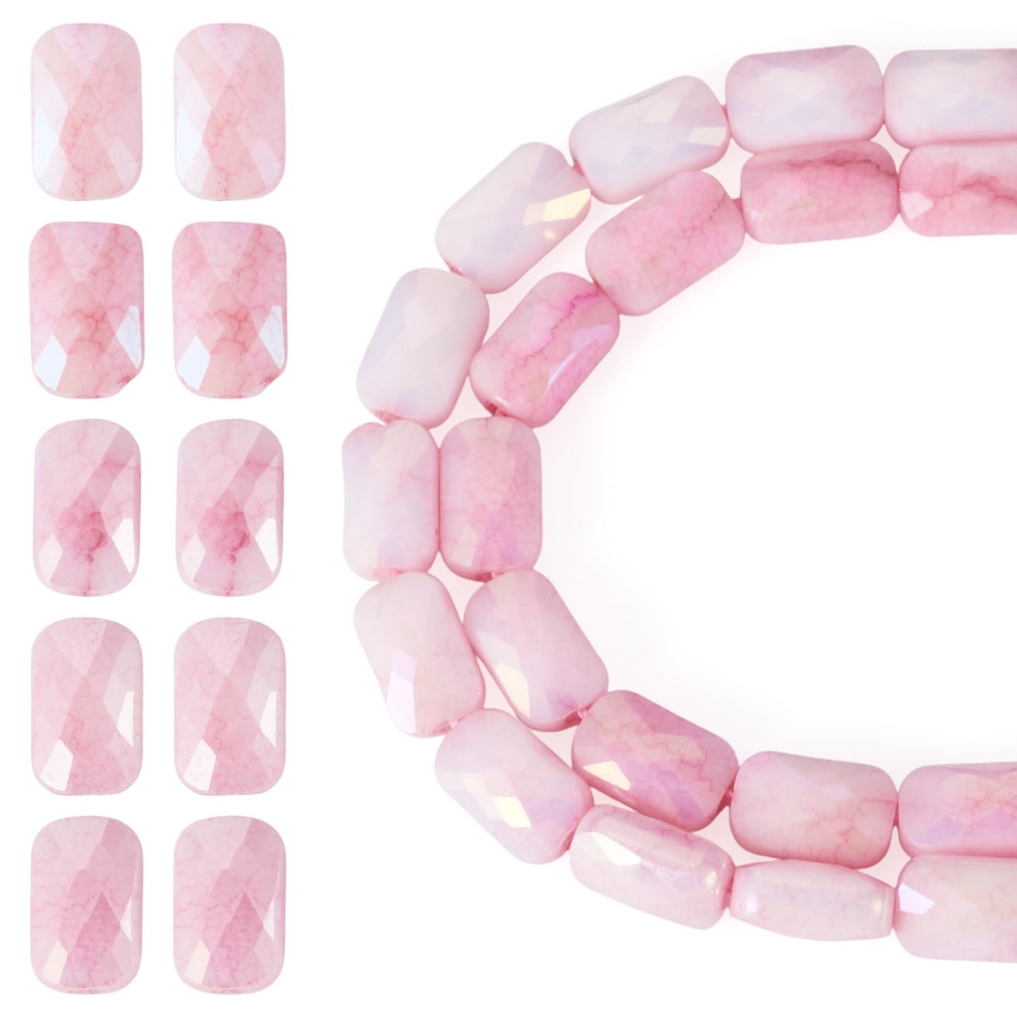 Elecrelive 55Pcs Pearl Pink Faceted Glass Beads Rectangle Crystal Beads Imitation Jade Gems for Bracelet Necklace Jewelry Making
