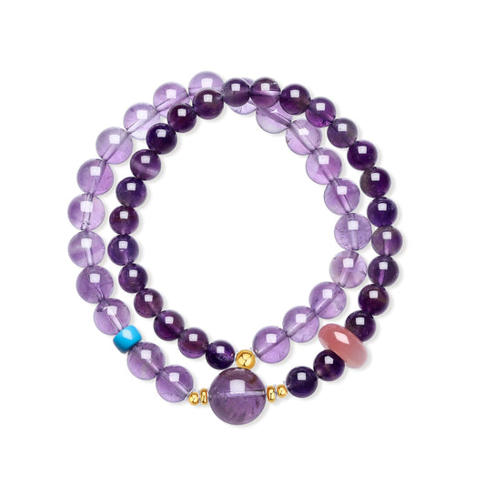 ZHOU LIU FU Sterling Silver Beaded Bracelets Natural Lucky Purple Gemstone Stretch Bracelet Circular Agate Beads Dainty Jewelry for Women Mom Daughter Birthday Anniversary 13.4"/34CM J1922133