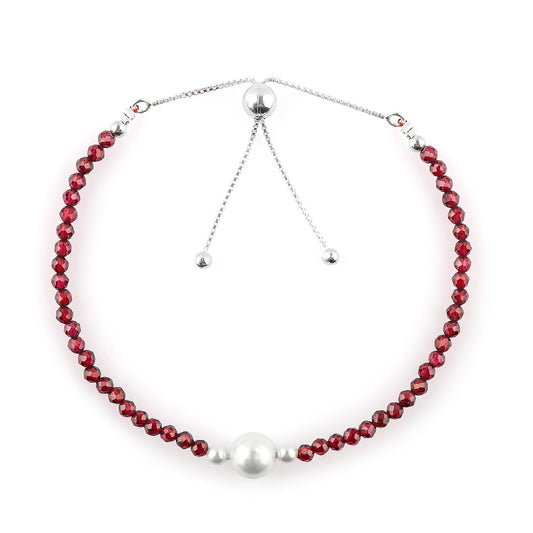 CRYSTALINES Natural Garnet Gemstone Bolo Bracelet, Cultured Pearl Beads Stones, Handmade Hypoallergenic Boho Jewelry for Women, Healing Crystals, Silver Chain 6+4inch, January Birthday Gift