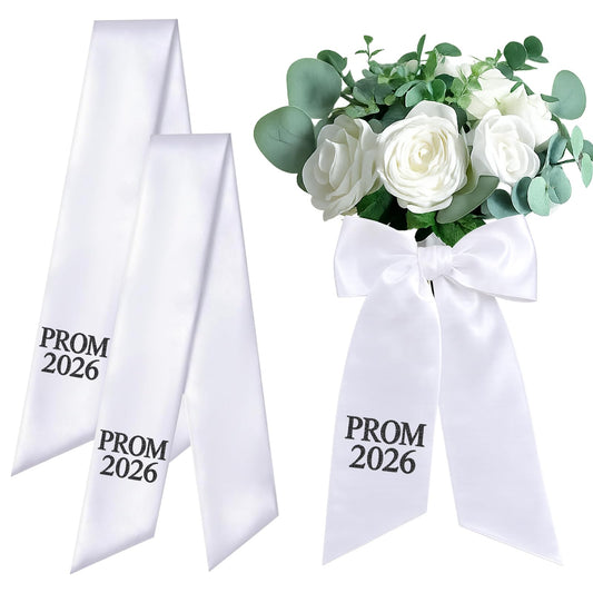 2 Pieces Prom Bouquet Sash Bouquet Ribbon 4 x 52 Inch Satin Plain White Flower Bouquet Sash with Letters for Prom 2026 Graduation Party Supplies (Black)