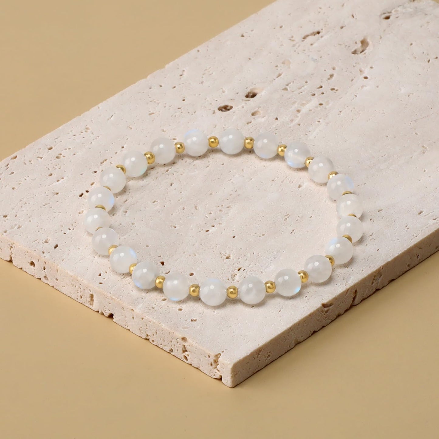 QOGIR Moonstone - New Beginnings - 14K Gold Plated Beads Natural Gemstone Stretch Elastic Dainty Healing Beaded Bracelets Gifts 6mm