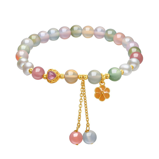 ZHOU LIU FU Sterling Silver Beaded Bracelets for Women Silver Agate Pearl Colorful Gemstone Bead Heart Flower Stretch Bracelet Mom Birthday