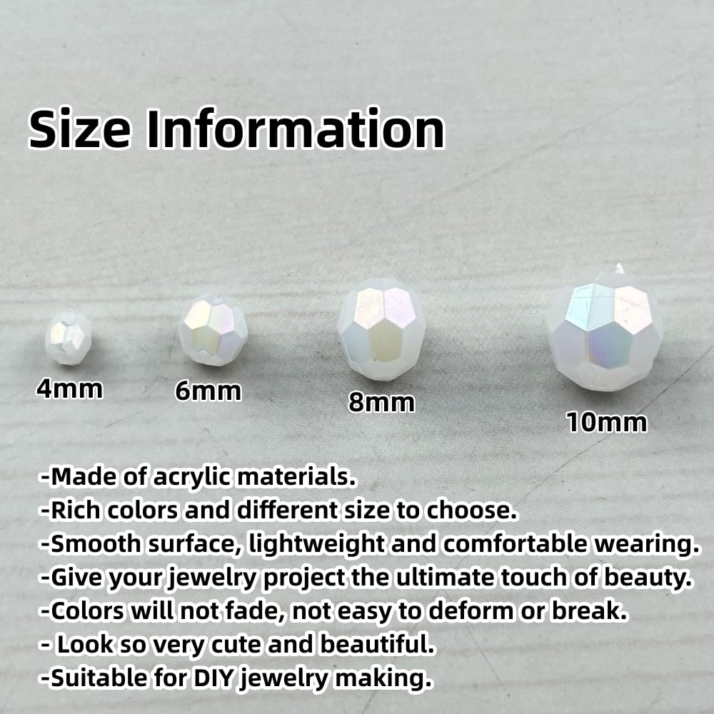 Pinhoollgo 1800pcs Acrylic Faceted Round Beads 4mm 6mm 8mm 10mm AB Colors Glossy Acrylic Round Spacer Beads with Hole for DIY Bracelet Necklace Jewelry Making Supplies Handmade Craft(White AB)