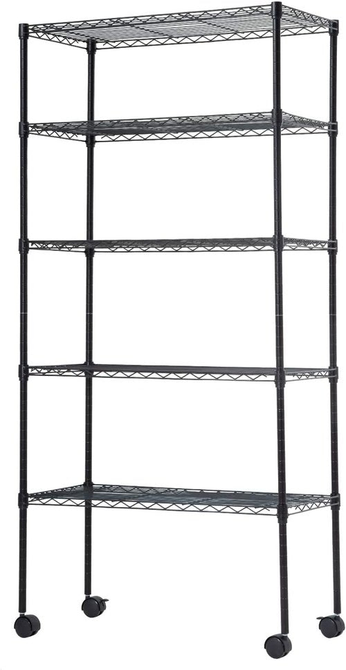 BestOffice 5-Tier Wire Storage Shelves - Heavy-Duty Metal Racks with Wheels | Adjustable 14x30x60 | Black | Easy No-Tool Assembly