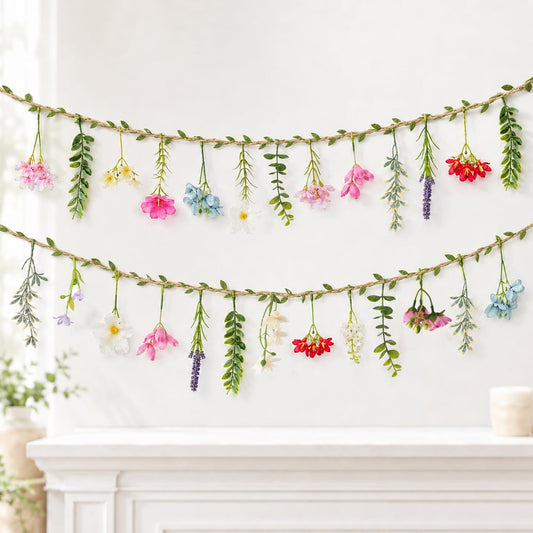 2 PCS 6.5ft Artificial Flower Banner Wildflower Garland Hanging Flowers for Garden Birthday Wedding Tea Party Bridal Shower Home Spring Supplies(Hemp Rope)