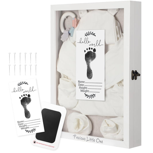 Jetec 12 x 16 Baby Shower Shadow Box Large Baptism Gift Baby Keepsake Box with Linen Back Hello World Newborn Sign Ink Pad Wood Memory Frame Case for Gender Reveal New Dad Mom Keepsake(White)
