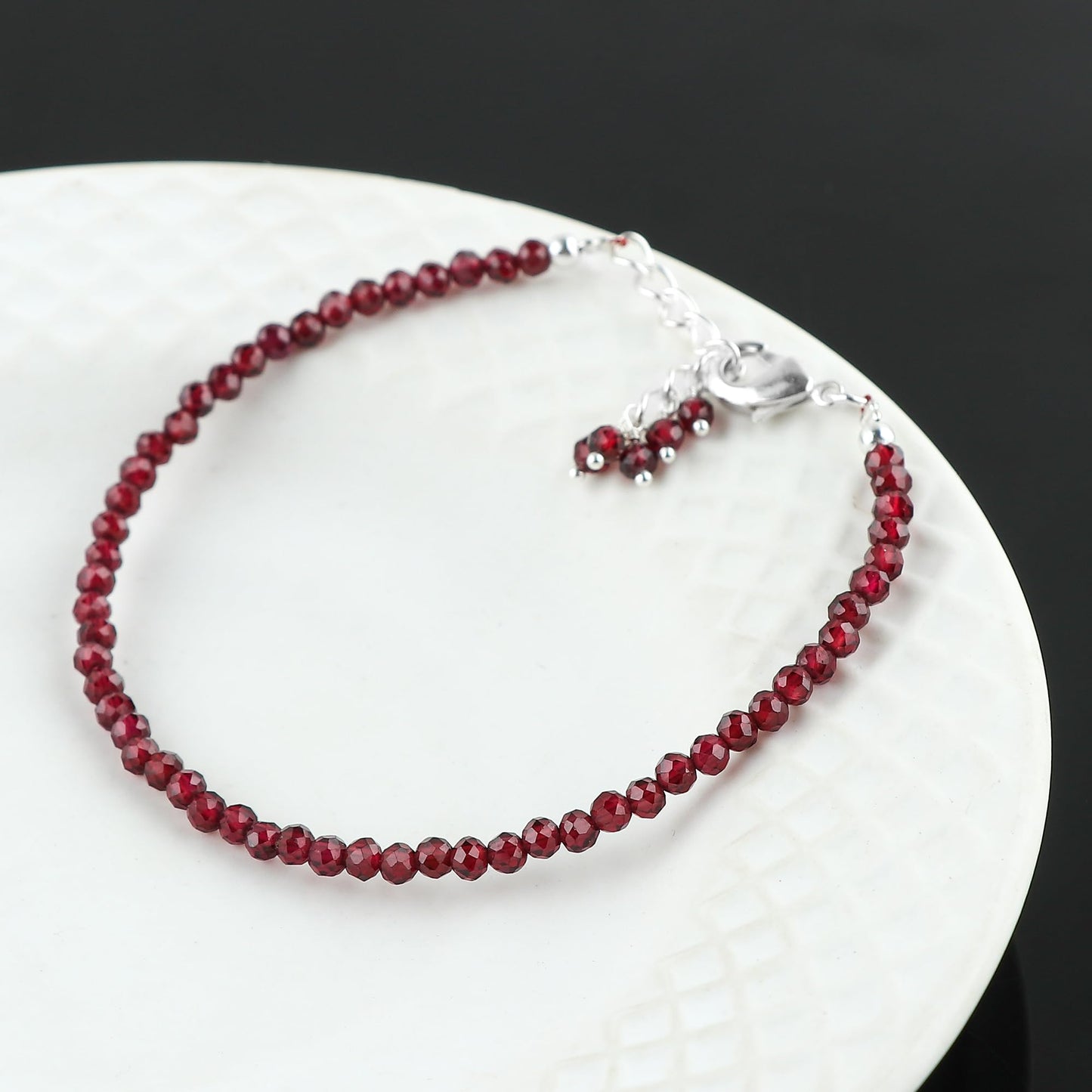 CRYSTALINES Natural Mozambique Garnet Gemstones Beads Bracelets, Round Beaded Jewelry, Handmade, Women Bracelet, January Birthstones, Silver Plated, Adjustable Chain, 8inch