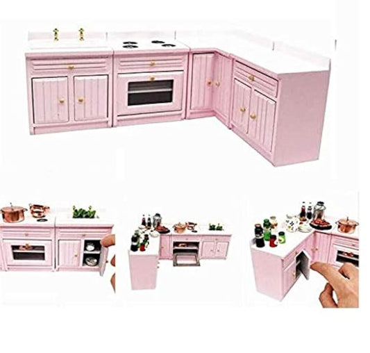 EatingBiting 1:12 Dollhouse Miniature Furniture Kitchen Wooden Pink Combination Cabinet Sink Counters 1/12 Scale Dollhouse Miniature Furniture Deluxe Wooden Kitchen Set
