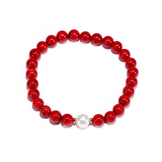 Joyfulmuze Natural Red Orange Coral and White Freshwater Pearl, Stretch Stacking Bracelets, Costal Summer Jewelry, Handmade Gift for Women and Men, Fit 6.5-7 inch Wrist (Coral-Pearl)