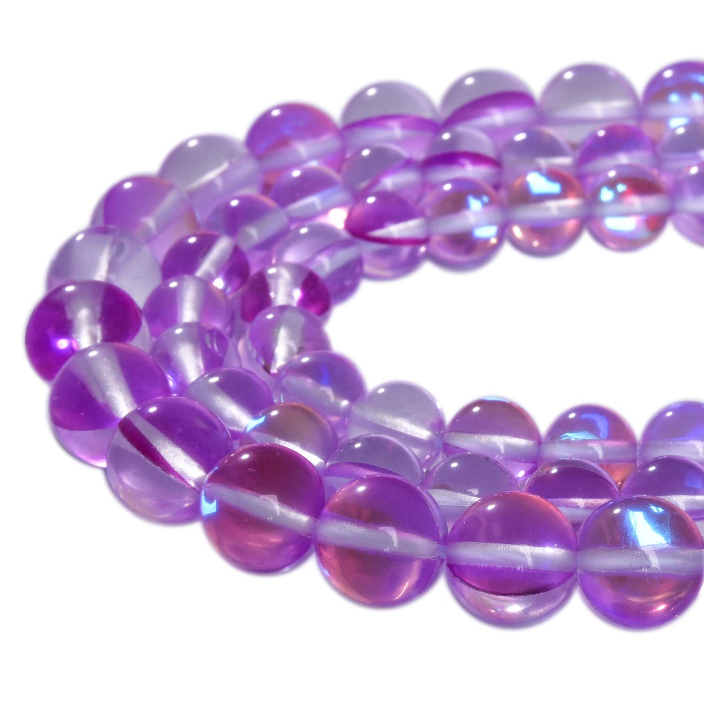 Asingeloo Purple Angel Aura Shining Round Gemstone Beads Polished Mermaid Aura Moonstone Quartz Beads for DIY Jewelry Making 1 Strand 15”(Purple,10mm)