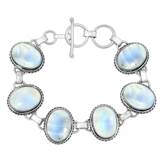 Natural Moonstone Silver Plated Handmade Link Bracelet for Women - White Stone Oval Shape Gemstones June Birthstone Adjustable Bracelet - Wedding Gifts for Her