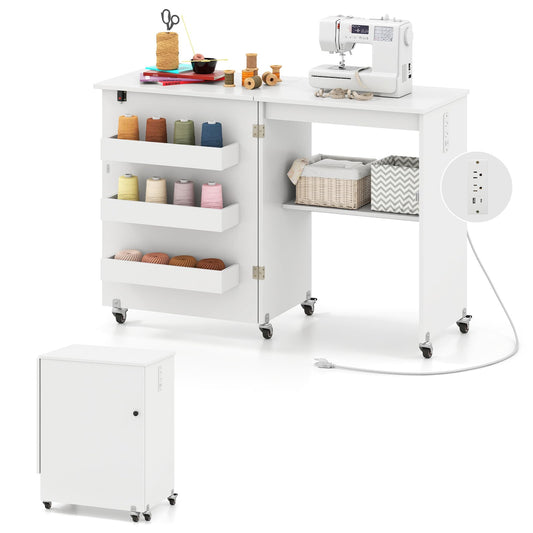 Giantex Folding Sewing Table with Charging Station, Rolling Craft Table with Storage Trays & Shelf, Foldable Sewing Machine Cabinet Desk with Lockable Wheels for Small Spaces (White)