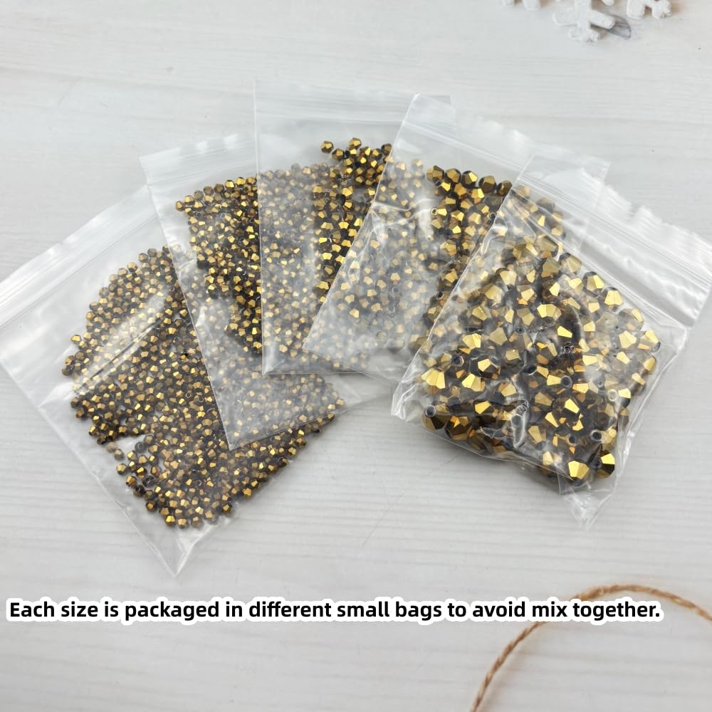Pinhoollgo 1310pcs Bicone Crystal Glass Beads 2mm 3mm 4mm 6mm 8mm Faceted Crystal Spacer Beads for Bracelets Necklace Pendants Earrings DIY Jewelry Craft Making(Gold)