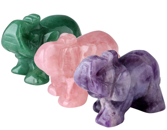 QINJIEJIE 3PCS Elephant Decor Amethyst Statue Crystals Rose Quartz Green Aventurine Cute Desk Stones Statue Gemstones Decoration Room Office Decor Pocket Spiritual Gem Gift for Women 1.5