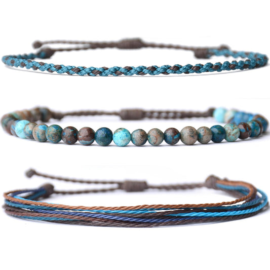 Handmade Natural Stone Beaded Healing Bracelet Gift for Men Adjustable Rope String Bracelet (Indigo dyeing Jasper, Adjustable)