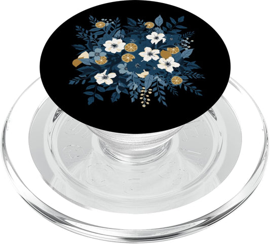 Botanical Citrus Floral Navy Orange Aesthetic Midnight Blue Botanical Citrus Floral Bouquet PopSockets PopGrip