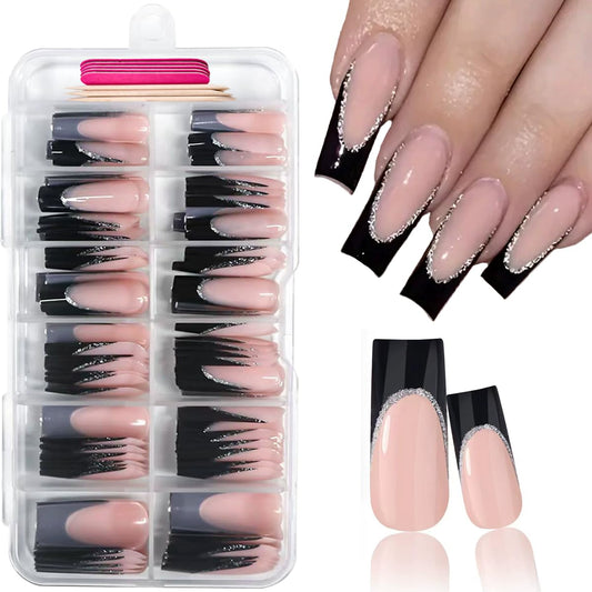 120 Pcs French Tip Press on Nails Long Square Fake Nails Black Tip False Nails with Designs Silver Glitter Line Glossy Glue on Nail Reusable Full Cover Acrylic Nails Stick on Nail for Women Manicure