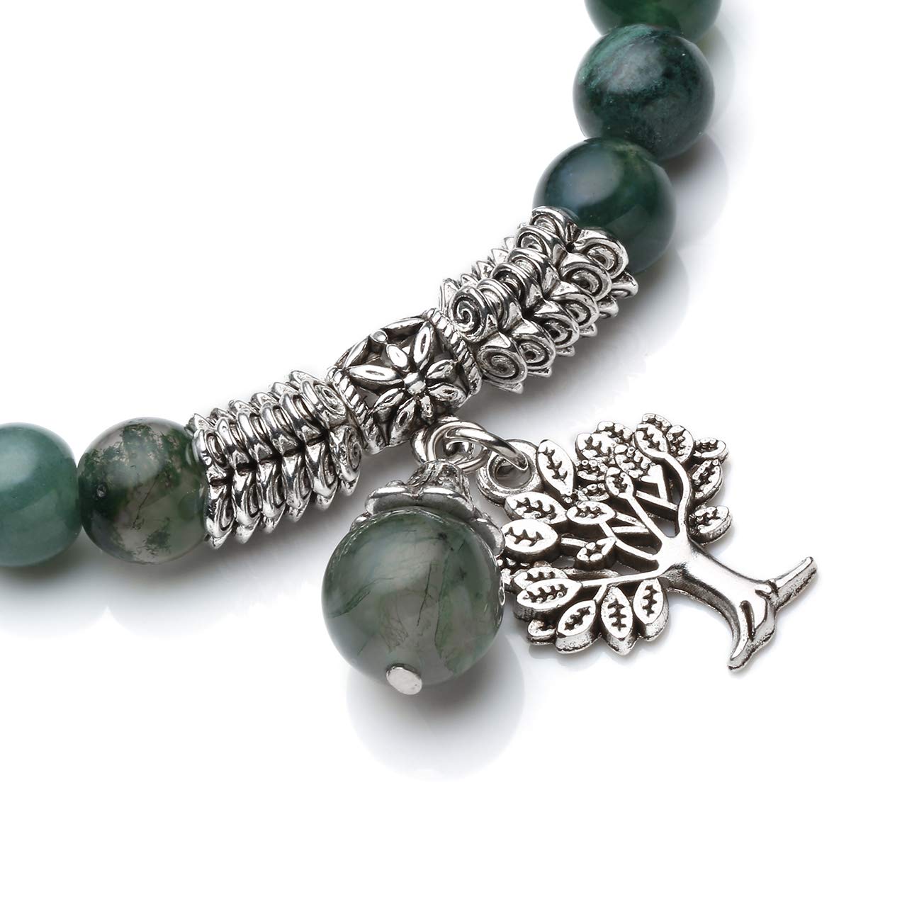 Jovivi 8MM Natural Moss Agate Gemstone Tree Life Lucky Charm Stretch Bracelet