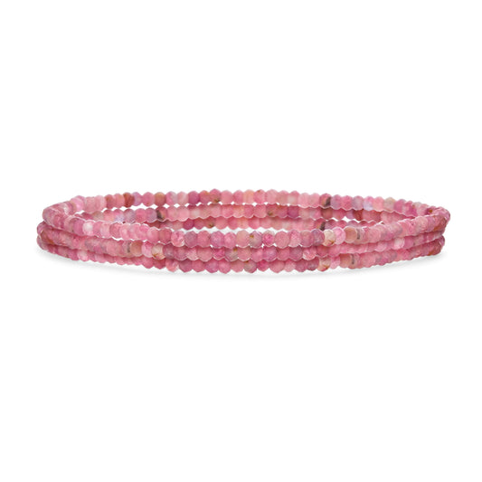 Mini Dainty Tiny Petite Seed Caviar Bead Stacking Round Faceted Genuine Natural Gemstone Pink Tourmaline Ball Stackable Strand Stretch Bracelet For Women Teen Stackable Set of 3 Strands Adjustable