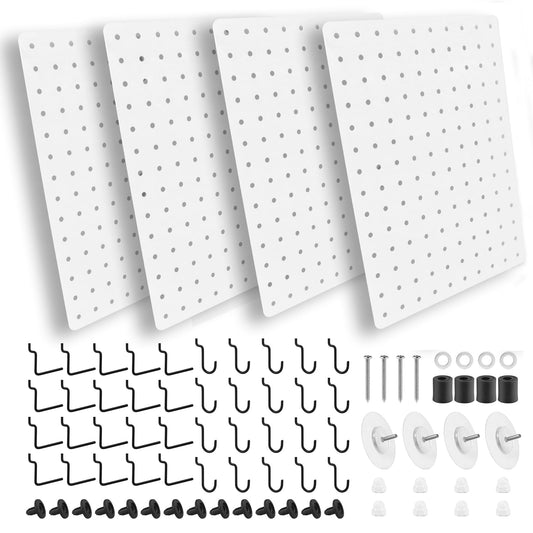 G.CORE Steel Pegboard and Hooks - 44pcs Peg Board Panels Organizer 1/4" Holes 14"x10" with J L Hooks - Kitchen Bathroom Craft Office Garage Tool Display Organization Drill/Adhesive Mounting (White)