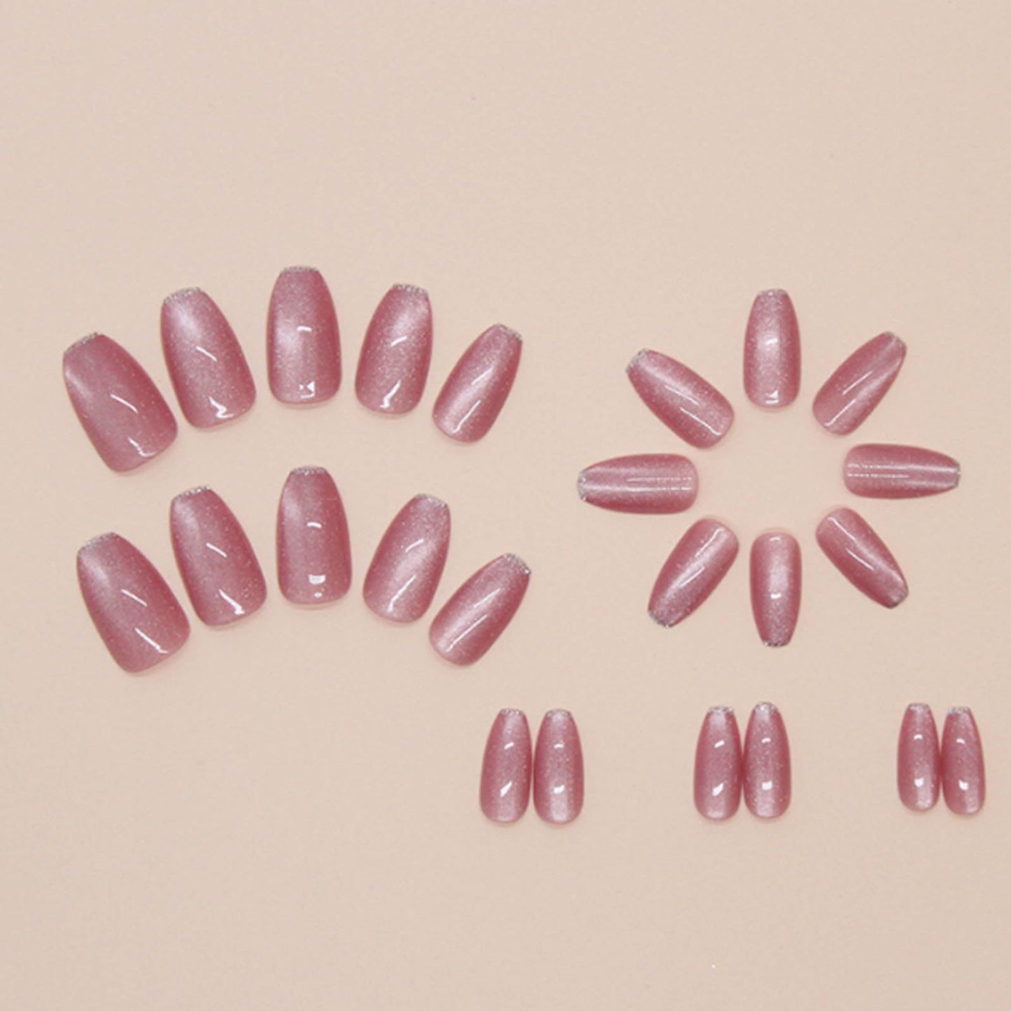 Hkanlre Coffin Press on Nails Pink Fake Nails Tips Full Cover Almond False Medium Cat Eyes Nails for Women 24PCS