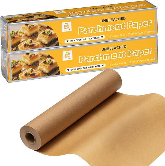 24/7 Bags Parchment Paper Roll - Non-Stick, Food Safe, 300 Sq Ft, 12" Wide | Perfect for Baking & Cooking