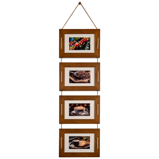 DLQuarts 5x7 Hanging Collage Picture Frames Wall Decor, 4-Opening 5x7 Matted to 3.5x5 Photo Rustic Wood Frame with Hemp Rope, 1 Pack, Dark Walnut