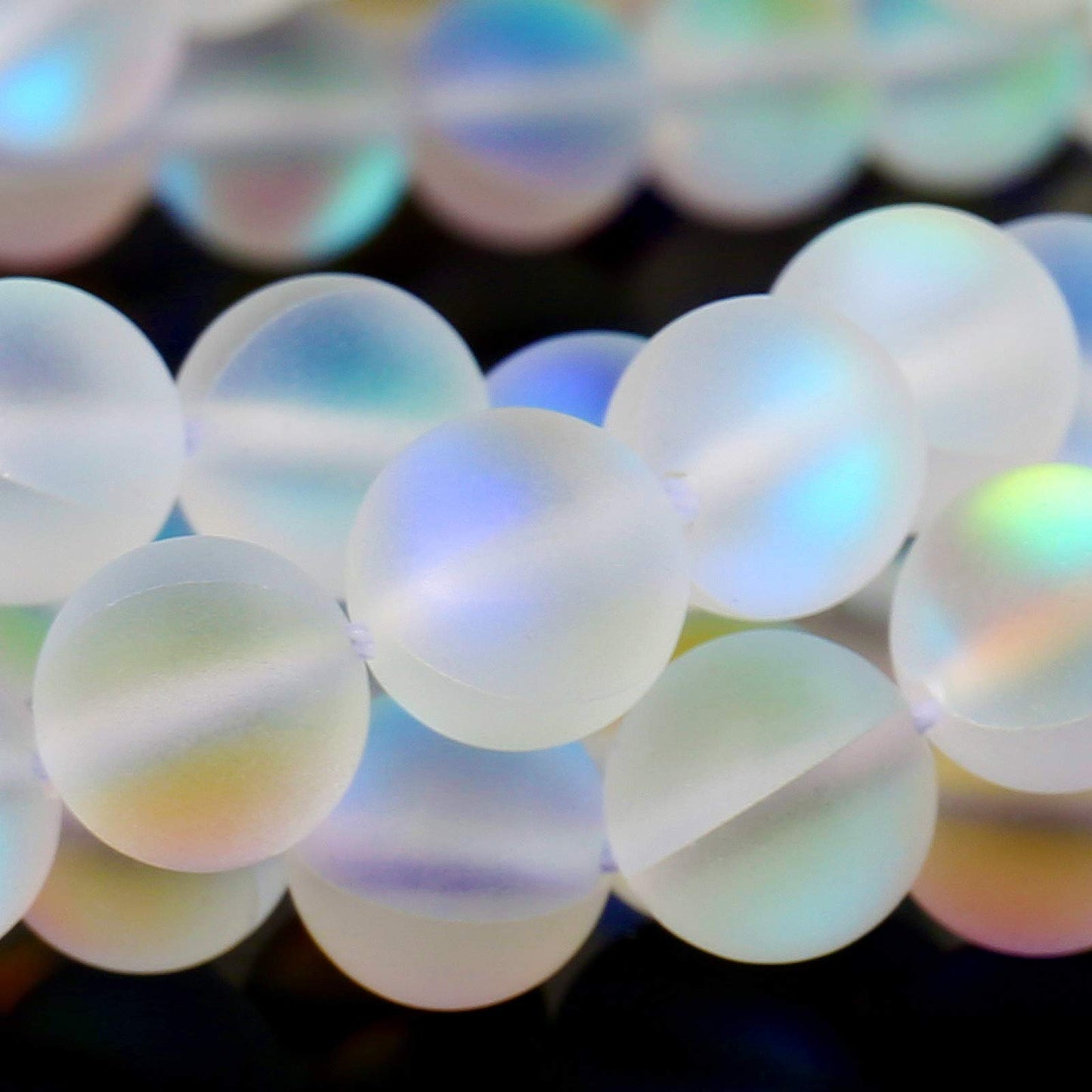 Matte White Aurora Crystal Glass Beads, 8MM Frosted Glitter Shining Mermaid Round Loose Beads, Rainbow Holographic Synthetic Moonstone for Jewelry Making DIY Bracelet
