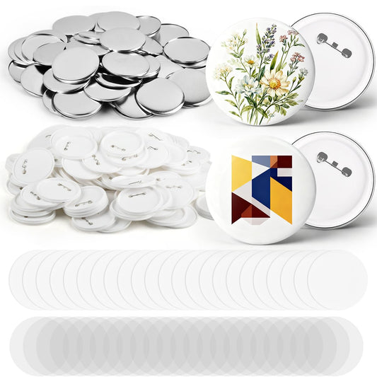 OTYMIOW 100 Sets 3 Inch Button Maker Supplies, 75mm Pin Maker Supplies, Round Badge Parts with Metal Covers, Plastic Pin Backs, Clear Film, Blank Paper, Perfect for Button Maker Machine, DIY Crafts