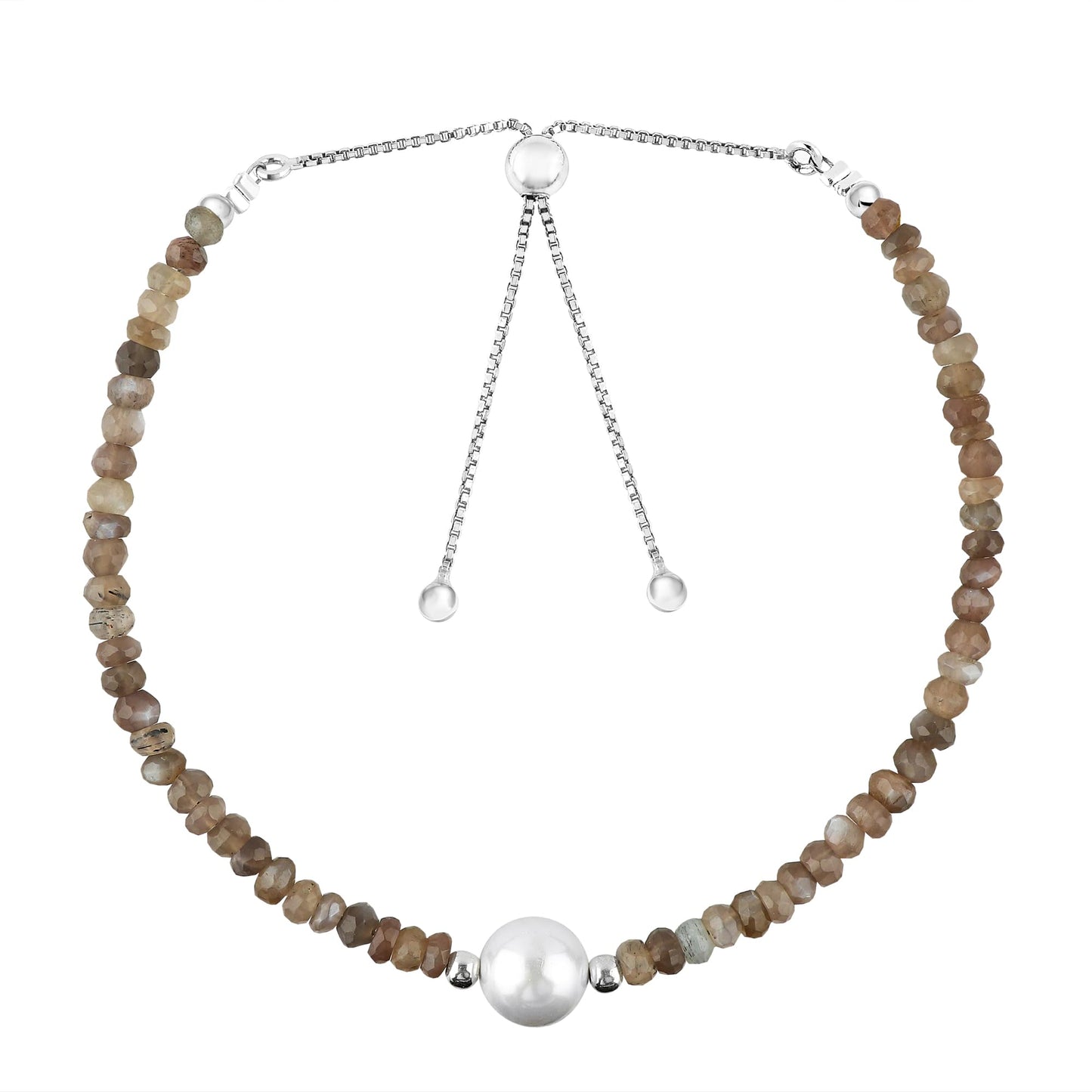 CRYSTALINES Natural Grey Moonstone Gemstones Beads Bolo Bracelets with Pearl, Handmade, Beaded Bracelet, Real Crystals Jewelry, Women Bracelet, Silver Plated Adjustable Chain 6+4inch, A Grade