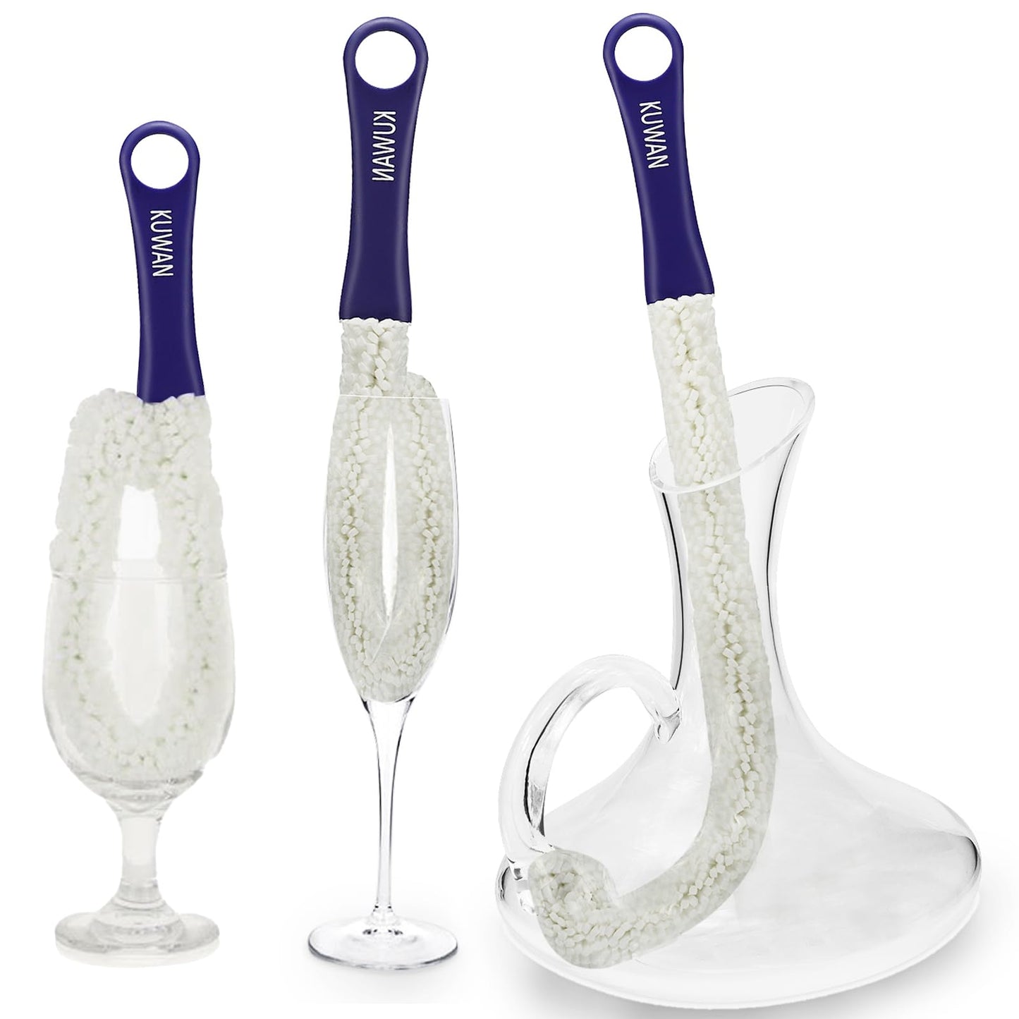 KUWAN Bottle Cleaning Brush Multi-Function Household Tools Flexible Bottle Scourer for Some Decanters, Goblets, Glasses, Cups (Long 3pcs)