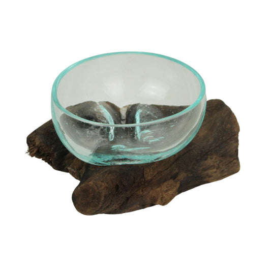 Wide-Mouth Glass and Teak Driftwood Sculptural Bowl – Unique 3.25” High, 5.75” Long, 4.5” Wide Decorative Centerpiece for Succulent Gardens, Floral Arrangements, and Home Décor