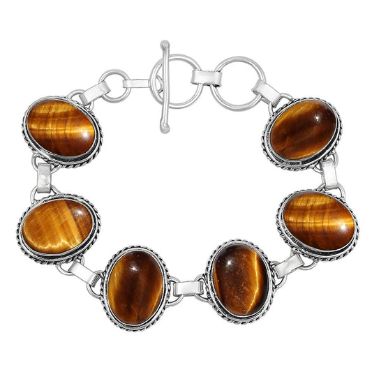 Natural Tiger Eye Silver Plated Handmade Link Bracelet for Women - Brown Color Oval Shape Gemstones November Birthstone Statement Adjustable Vintage Style Bracelet - Women's Day Gifts for Her