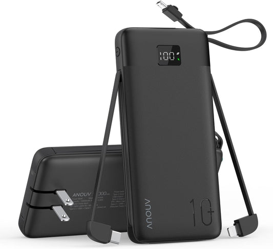 ANOUV 10000mAh 22.5W Pack 17/16/15/14/13 Portable Charger Built-in Cables and AC Wall Plug, PD Fast Charging Power