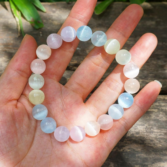 10mm Macaron Selenite Bracelet - Multi-Color Natural Crown Chakra Crystal | Handmade Sweet Color Meditation Bracelet with Cat-Eye Effect | Beading Tool Kit - Adjust to 6.5-7.5 inches Wrist Size
