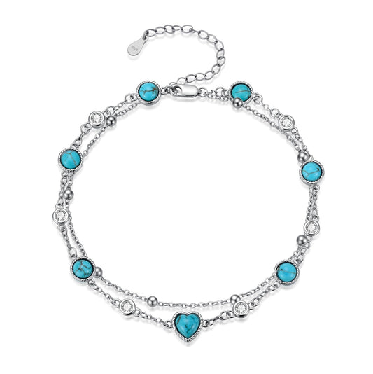 BETHZA Natural Turquoise Anklet 925 Sterling Silver Real Turquoise Gemstone Adjustable Layered Foot Bracelet Jewelry Gifts for Women