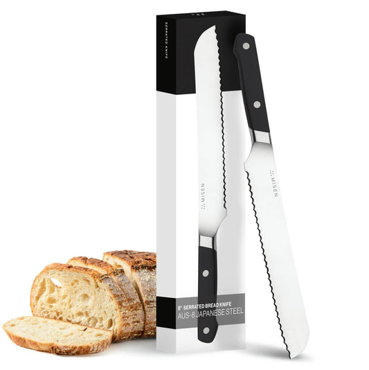 Misen Serrated Bread Knife - High-Carbon Japanese AUS8 Steel - Perfect for Soft Foods, Bread, Pastries, and Fruits - Verstatile Slicer, Razor-Sharp Edge, Durable Blade, Ergonomic Handle - 8", Black
