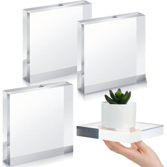 Qunclay 4 Pcs 6 x 6 x 1 Inches Acrylic Square Display Block Clear Polished Acrylic Cubes Jewelry Display Stand for Jewelry Ring Showcase Holder Base Collections