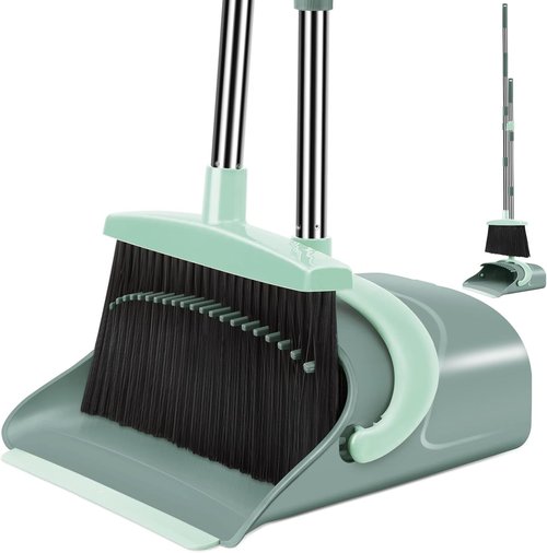 Ivandar Broom and Dustpan Set - Long Handle Combo for Easy Sweeping | Gray & Green