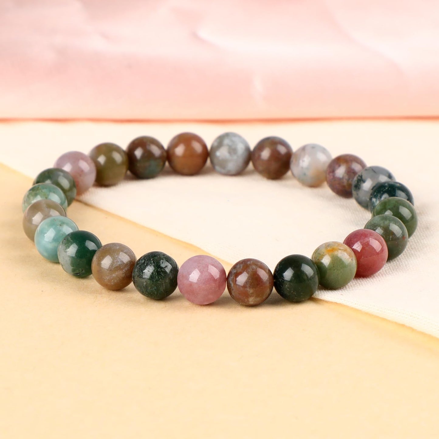LPBeads Handmade Natural Gemstone Stretch Elastic 8mm Indian Agate Bracelet Healing Crystal Round Stone Beads Jewelry Gifts for Women Men