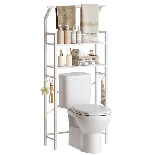 YATINEY 2-Tier Over The Toilet Storage, Multifunctional Vertical Over Toilet Bathroom Organizer, Freestanding Bathroom Storage Shelves with Hooks, Bathroom Organizer, Rustic Brown and Black TR01WT