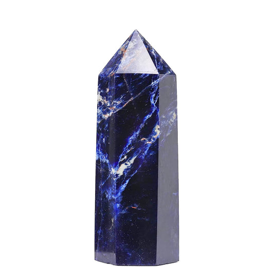Runyangshi Large Sodalite Natural Healing Crystal Wand 4.72"-5" Blue-Veins Stone Quartz Tower 6 Faceted Single Point Crystals Prism Wand for Meditation Reiki Chakra Therapy Home Decor Gift