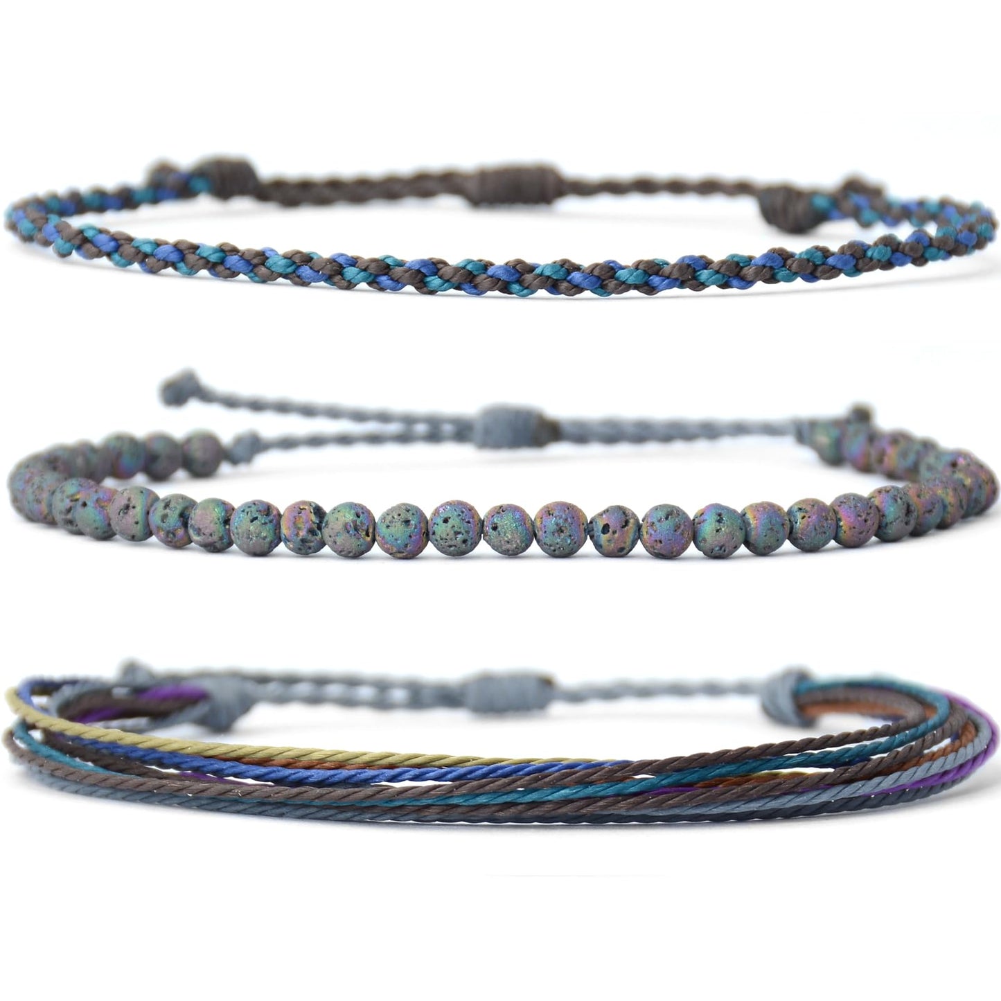 Handmade Natural Stone Beaded Healing Bracelet Gift for Men Adjustable Rope String Bracelet (Colorful Lava)