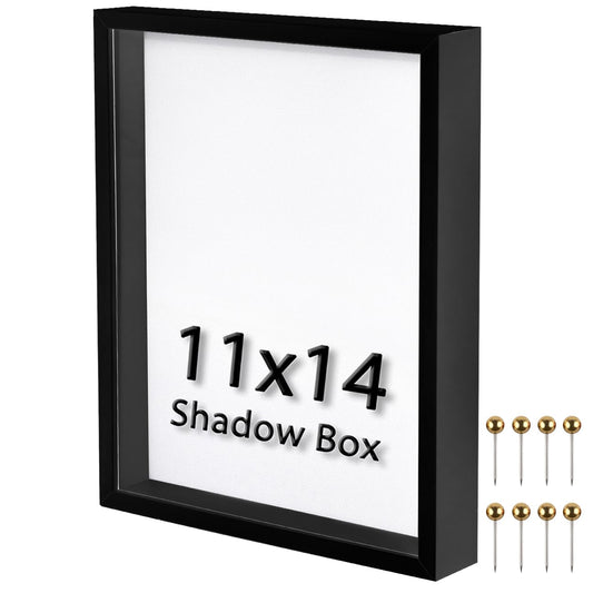 11x14 Shadow Box Frame | Soft Linen Back & Push Pins Included, Polystyrene Glass Memory Display Case for Flowers, Tickets & Cherished 3D Items, Black