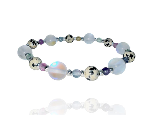 “BUBBLES BRACELET” (Mermaid Moonstone Crystal Glass & Fluorite) Natural Gemstone Healing Bracelet - [7 inches]