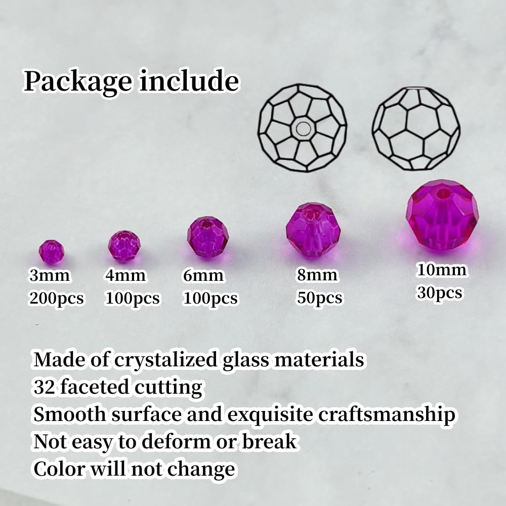 Honkoolly 480pcs Crystal Glass Beads 3mm 4mm 6mm 8mm 10mm Round Faceted Glass Spacer Beads for Bracelets Necklace Earring DIY Jewelry Making Craft(Rose Red)
