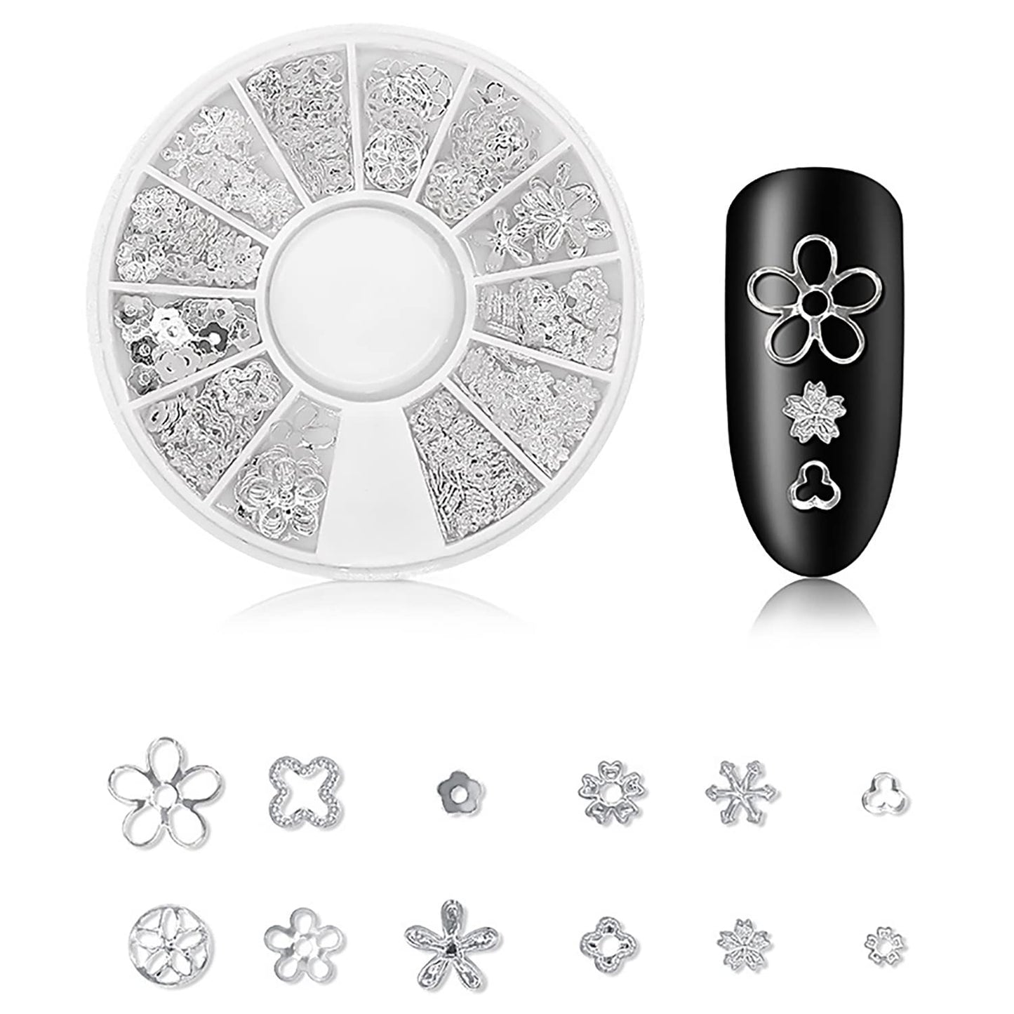 DANNEASY 3D Nail Charms Nail Jewels Silver Nail Art Charms Charms for Nails Metal Nail Studs Nail Jewelry for Acrylic Nails DIY Craft Nail Decoration (6 Boxes)